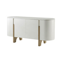 White modern media cabinet with wood legs, angled view.