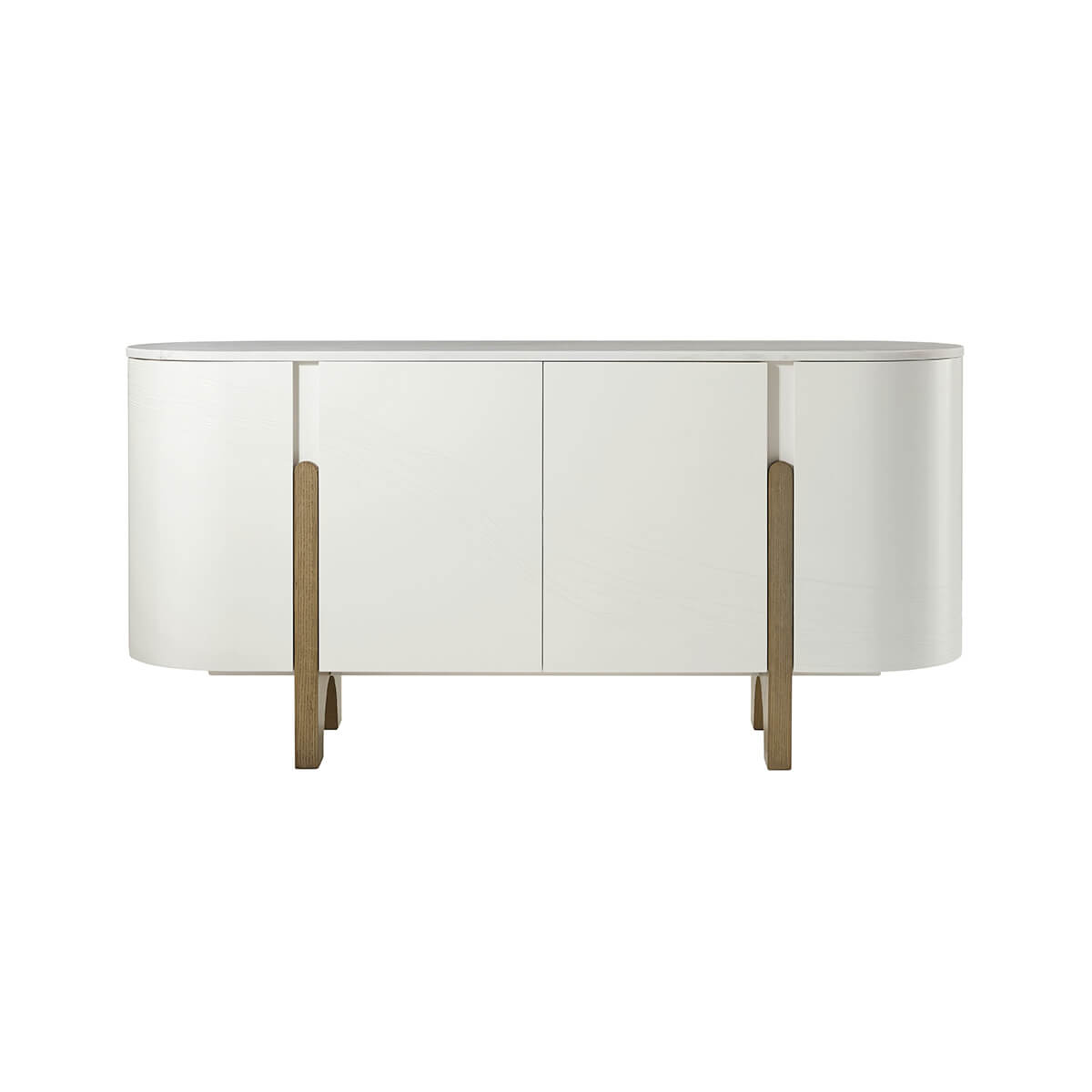Front view of sleek oval media cabinet with doors.