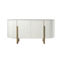 Front view of sleek oval media cabinet with doors.