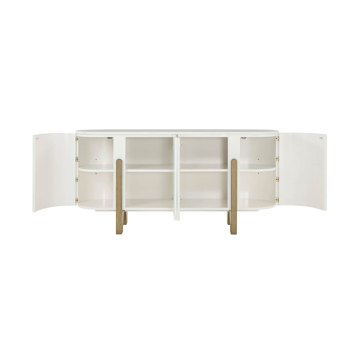 Inside view of modern media cabinet with shelves.