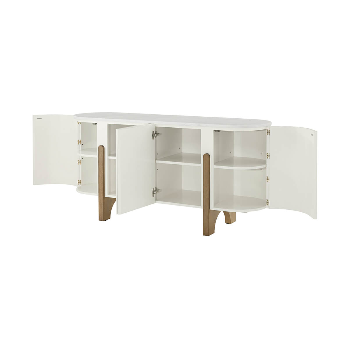 Media cabinet with open doors showing interior shelves.
