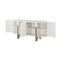 Media cabinet with open doors showing interior shelves.
