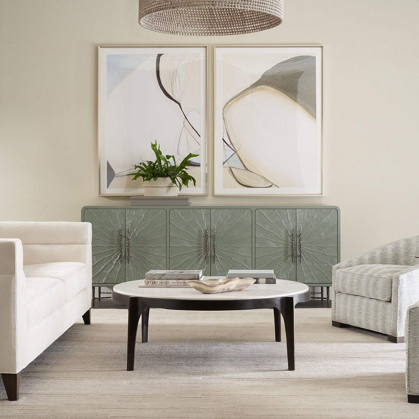 Media cabinet in stylish living room setting.