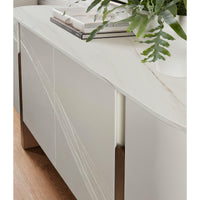 Top corner view of modern media cabinet with plants.