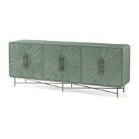 Green modern media cabinet with artistic textured doors.
