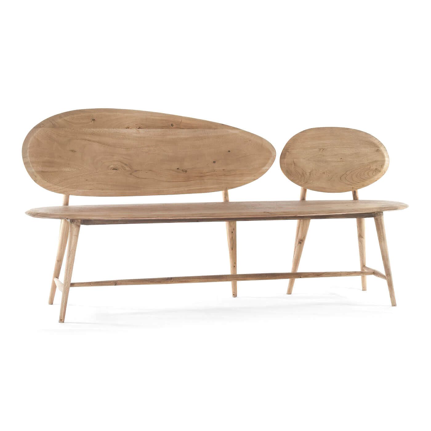 Angled view of organic modern natural wood bench.