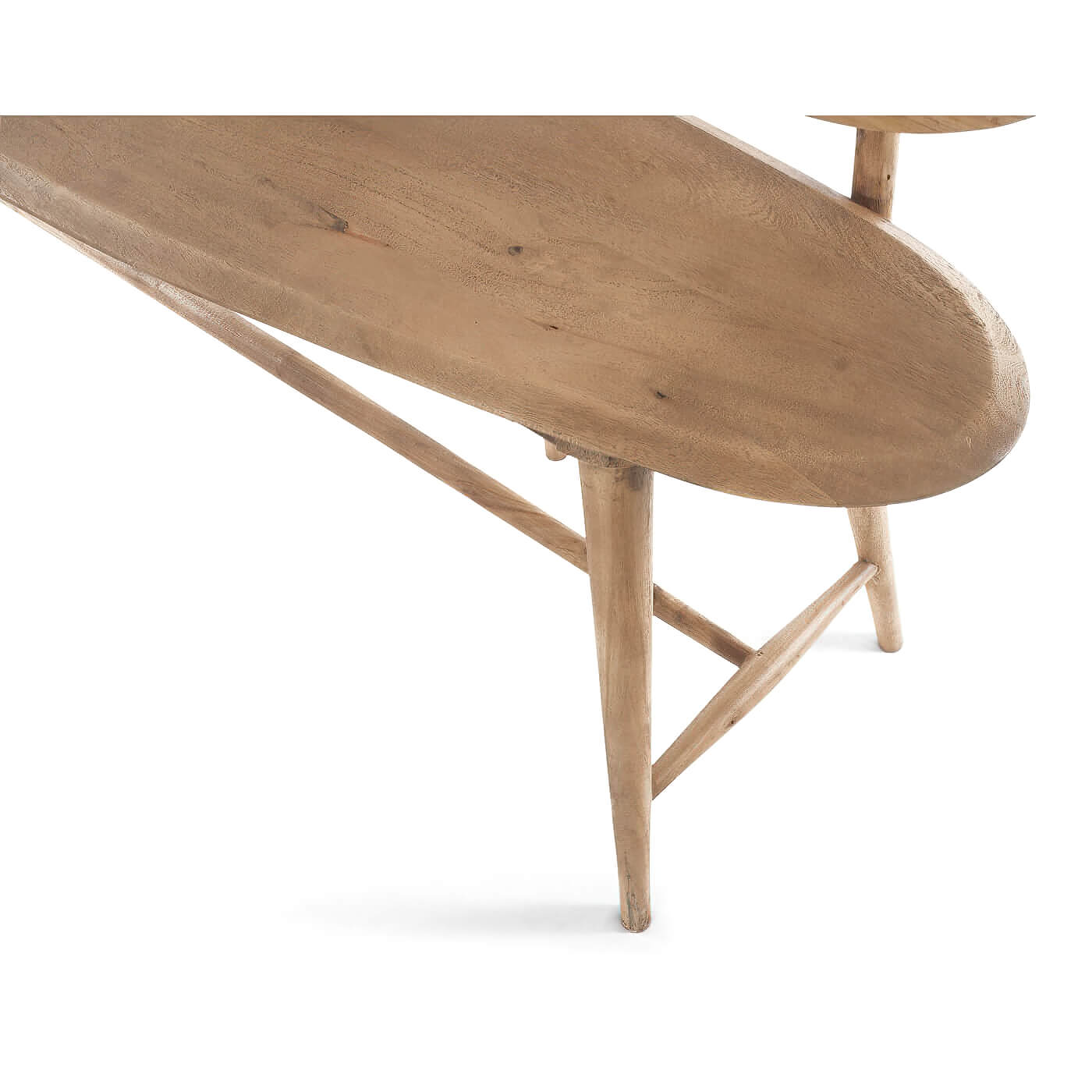 Close-up of seat and legs on natural wood bench.