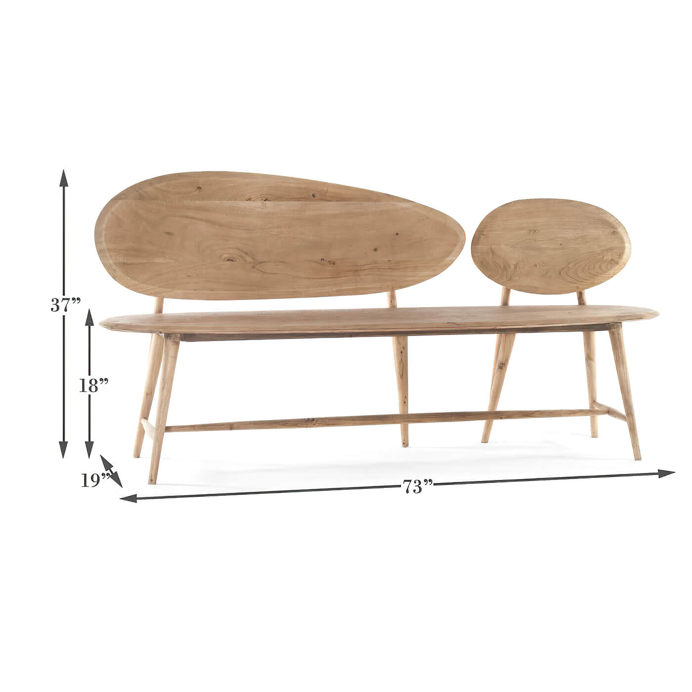 Dimensions and design of organic modern natural wood bench.