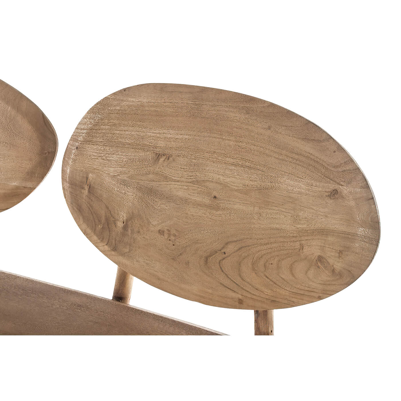 Detailed backrest on organic modern natural wood bench.