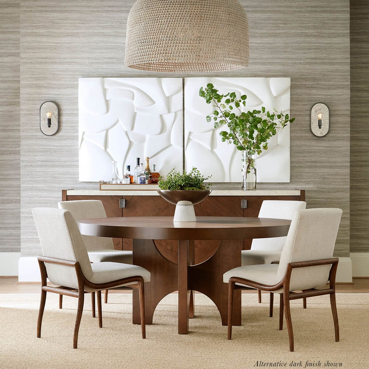 Dining room with modern oak dining chairs, round table.