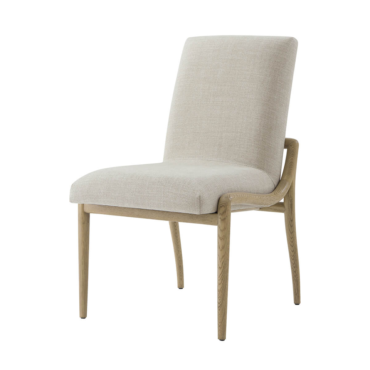 Beige upholstered dining chair angled view, wooden frame.