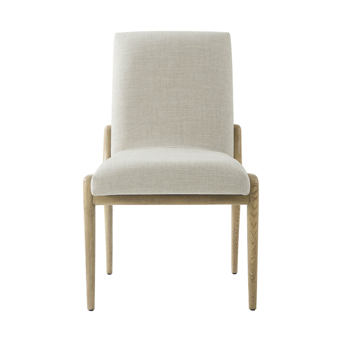 Front view of beige dining chair with wood accents.