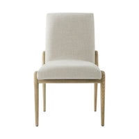 Front view of beige dining chair with wood accents.