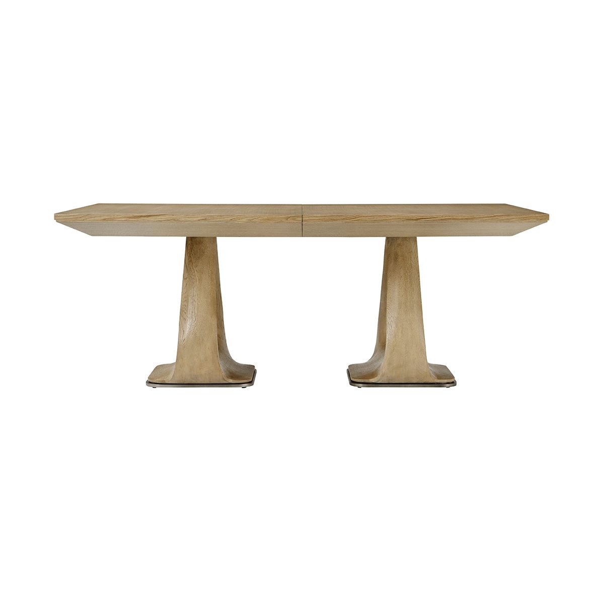 Side view oak extending dining table, minimalist design.