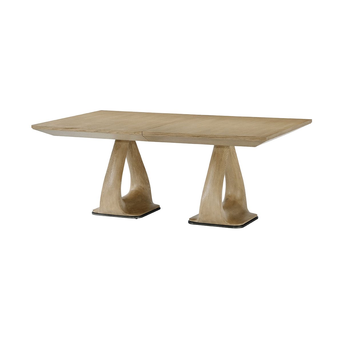 Angled view oak table with extending feature.