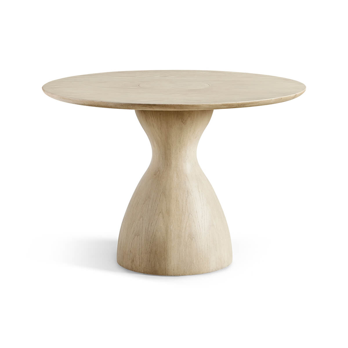 Round oak pedestal dining table front view.