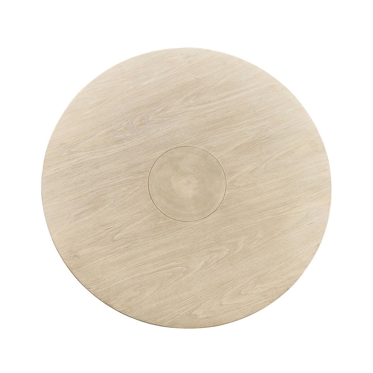Top view of round oak dining table.