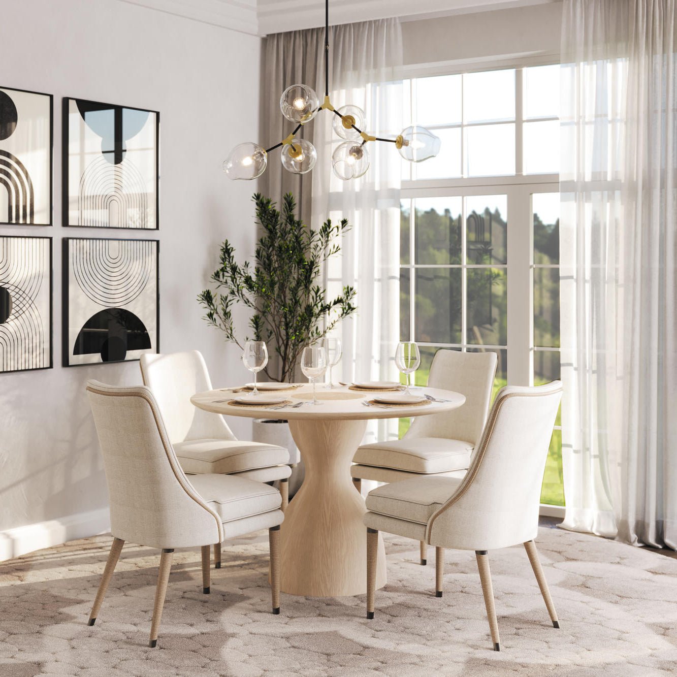 Dining table in modern styled dining room setting.