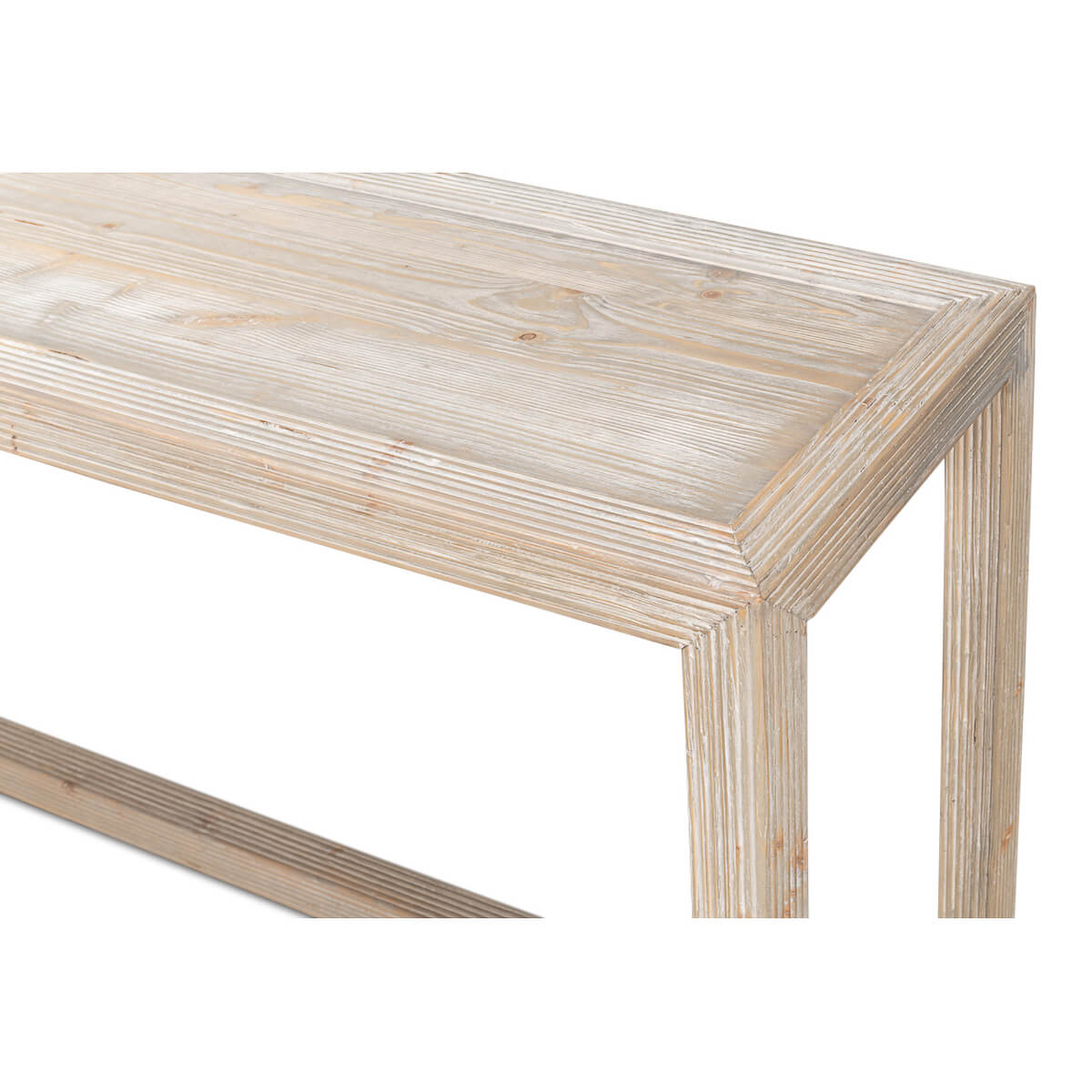 Top corner detail of console table, emphasizing grain.