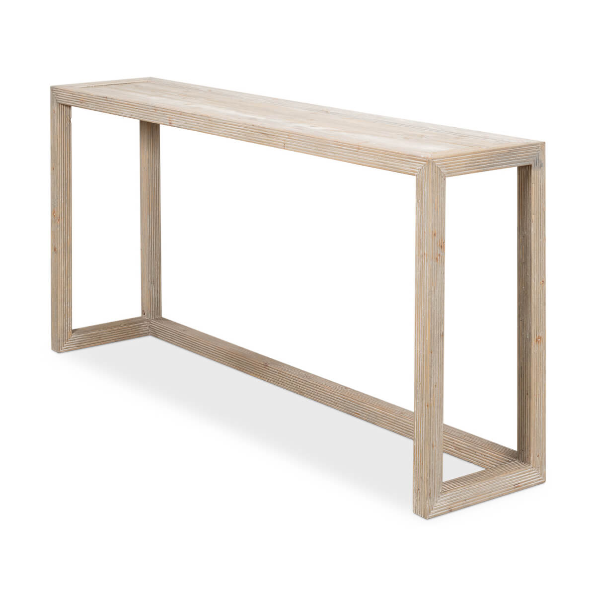 Angled view of modern pine console table.