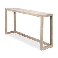Angled view of modern pine console table.