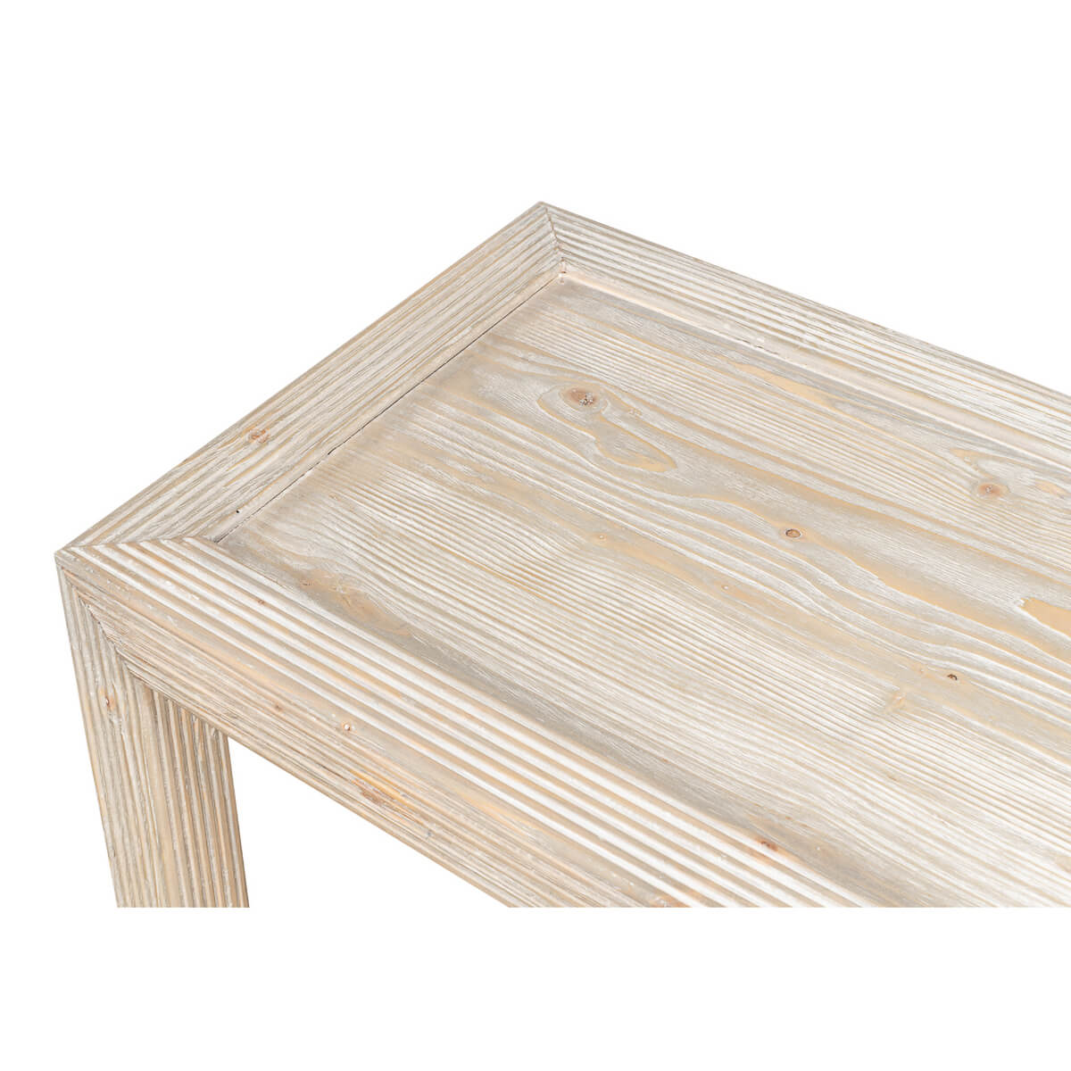 Close-up of console table top, detailed wood texture.