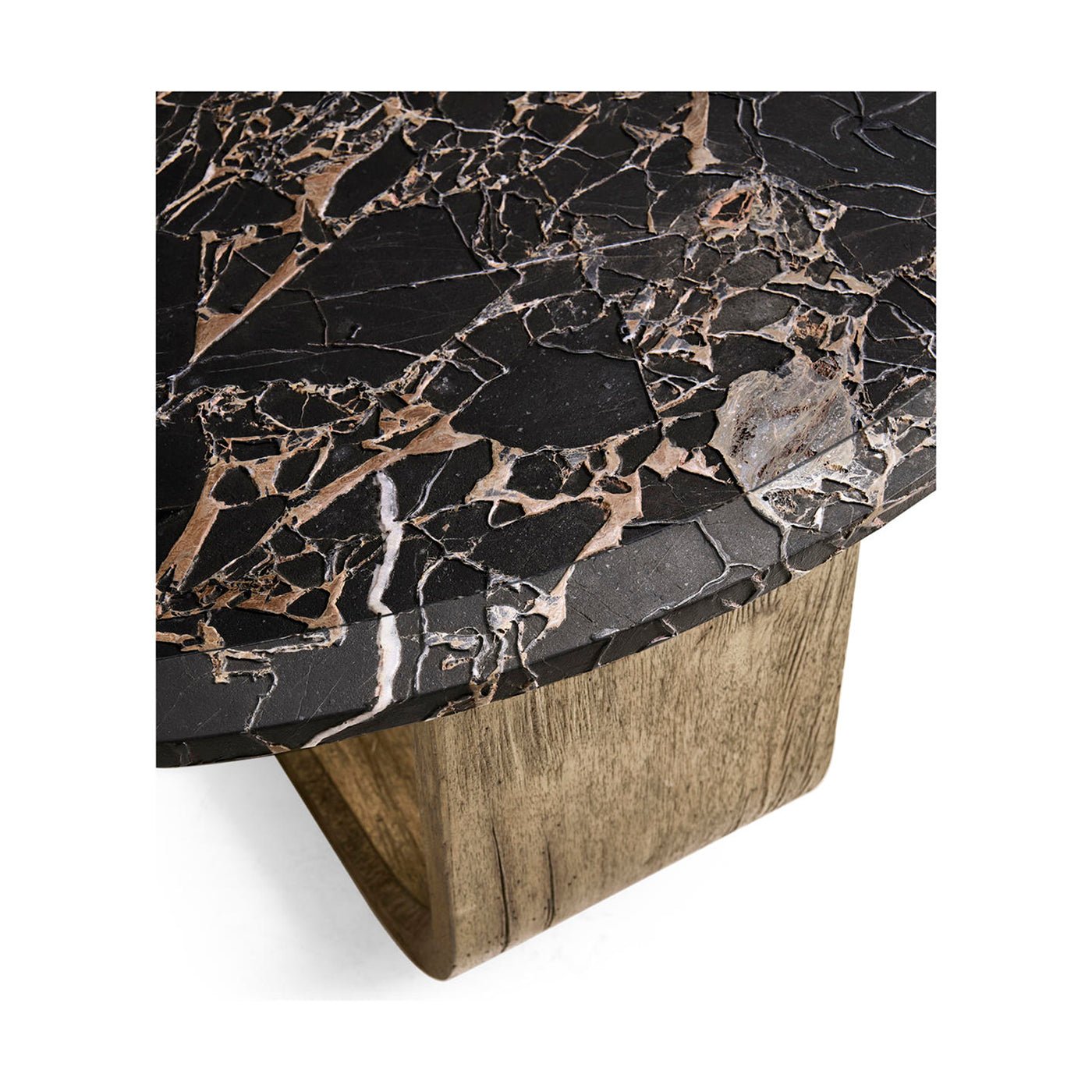Detailed view of marble pattern and wooden support.