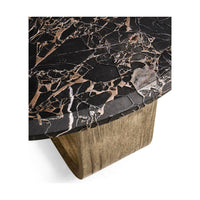 Detailed view of marble pattern and wooden support.