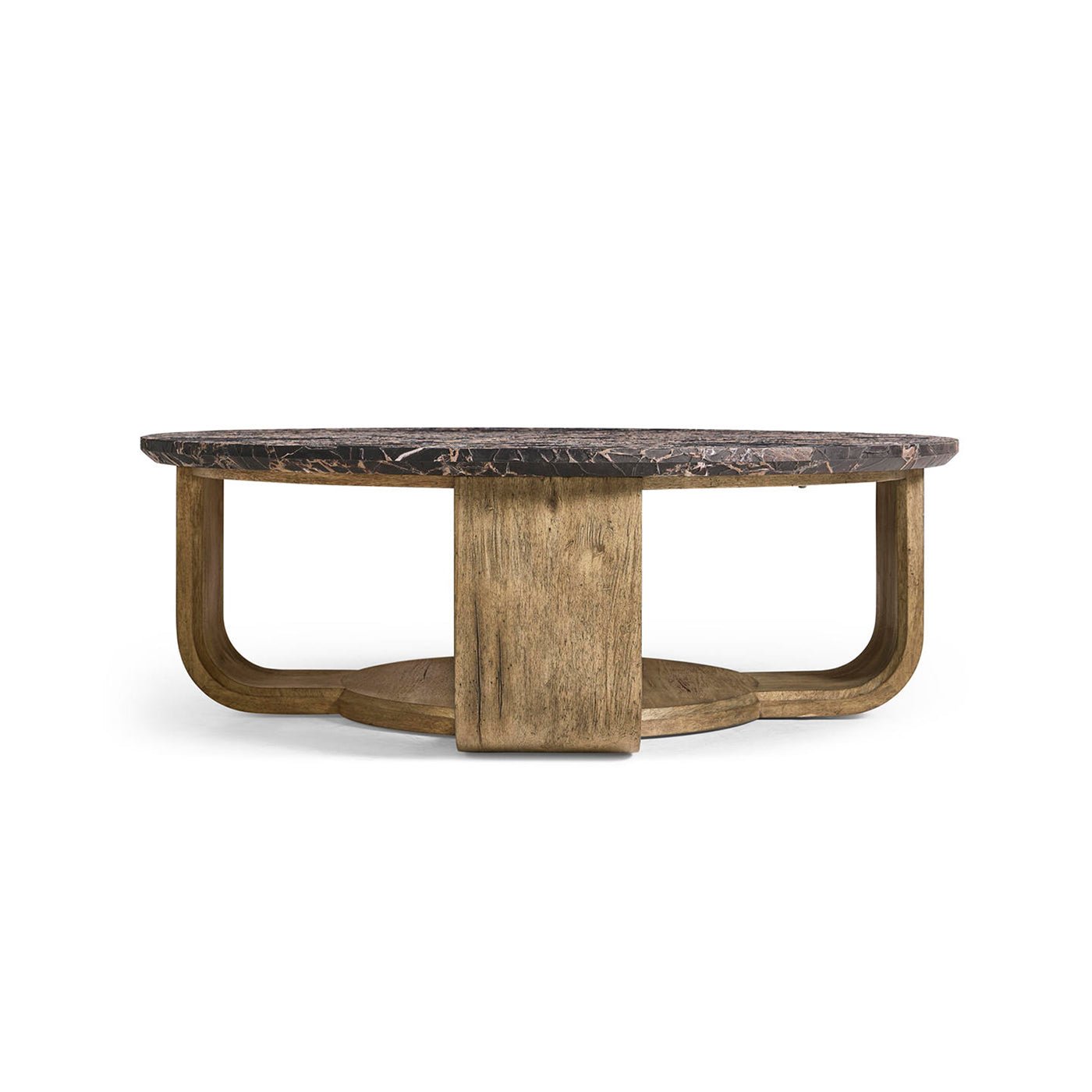 Organic marble coffee table, side profile with unique base.