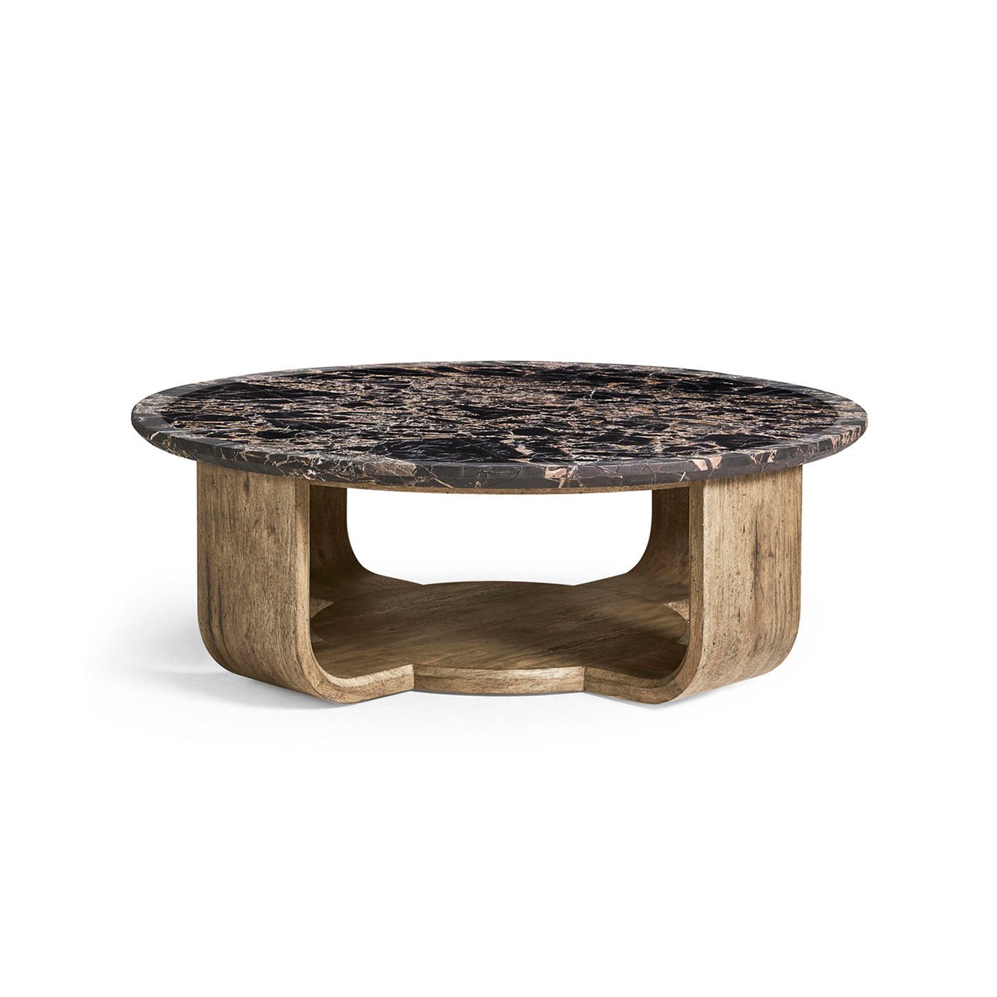 Round marble coffee table, front view with base detail.