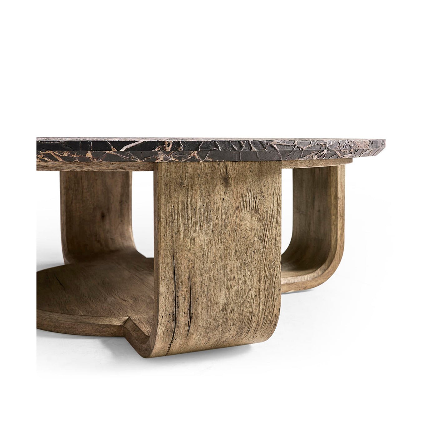 Close-up of table's wooden base and marble top.