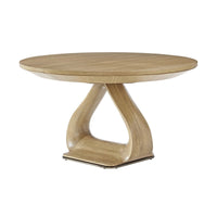 Round oak dining table, angled view, unique design base
