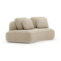 Left curved armless loveseat in cream woven upholstery, angled view