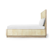 Organic modern king bed side profile with white bedding