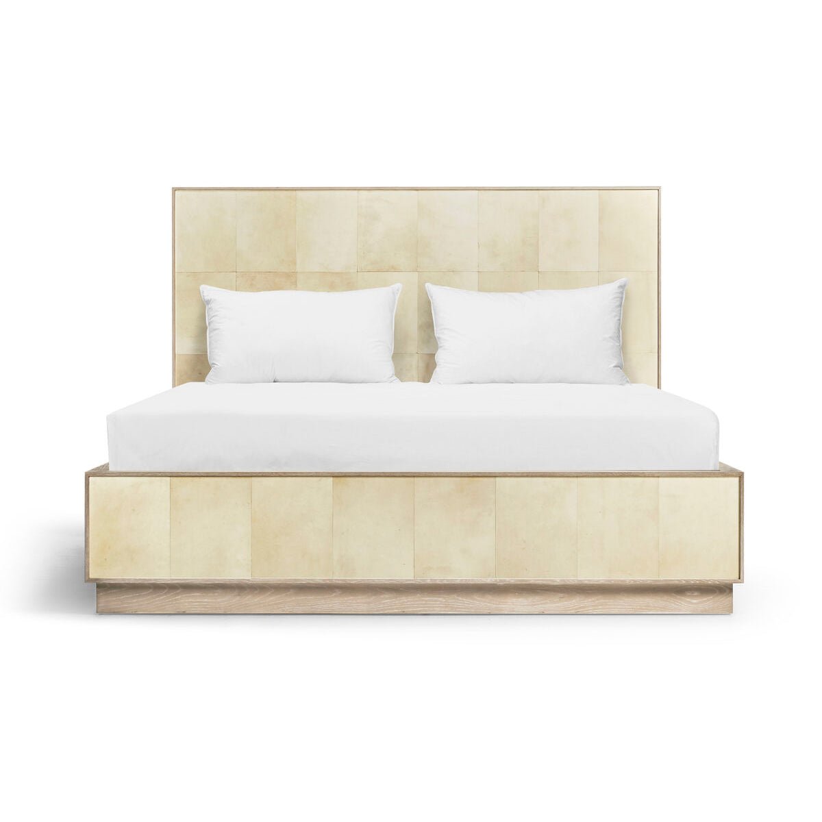 Organic modern king bed front view with bedding