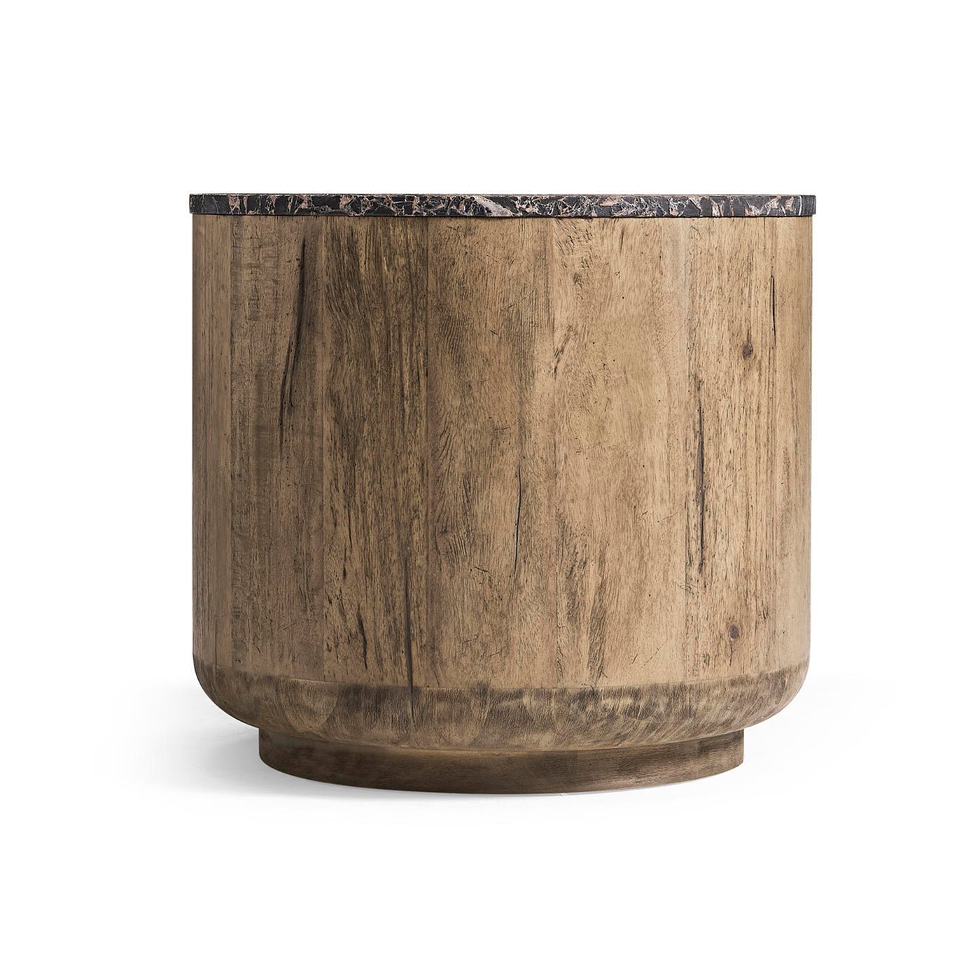 Side view of organic wood and stone accent table.