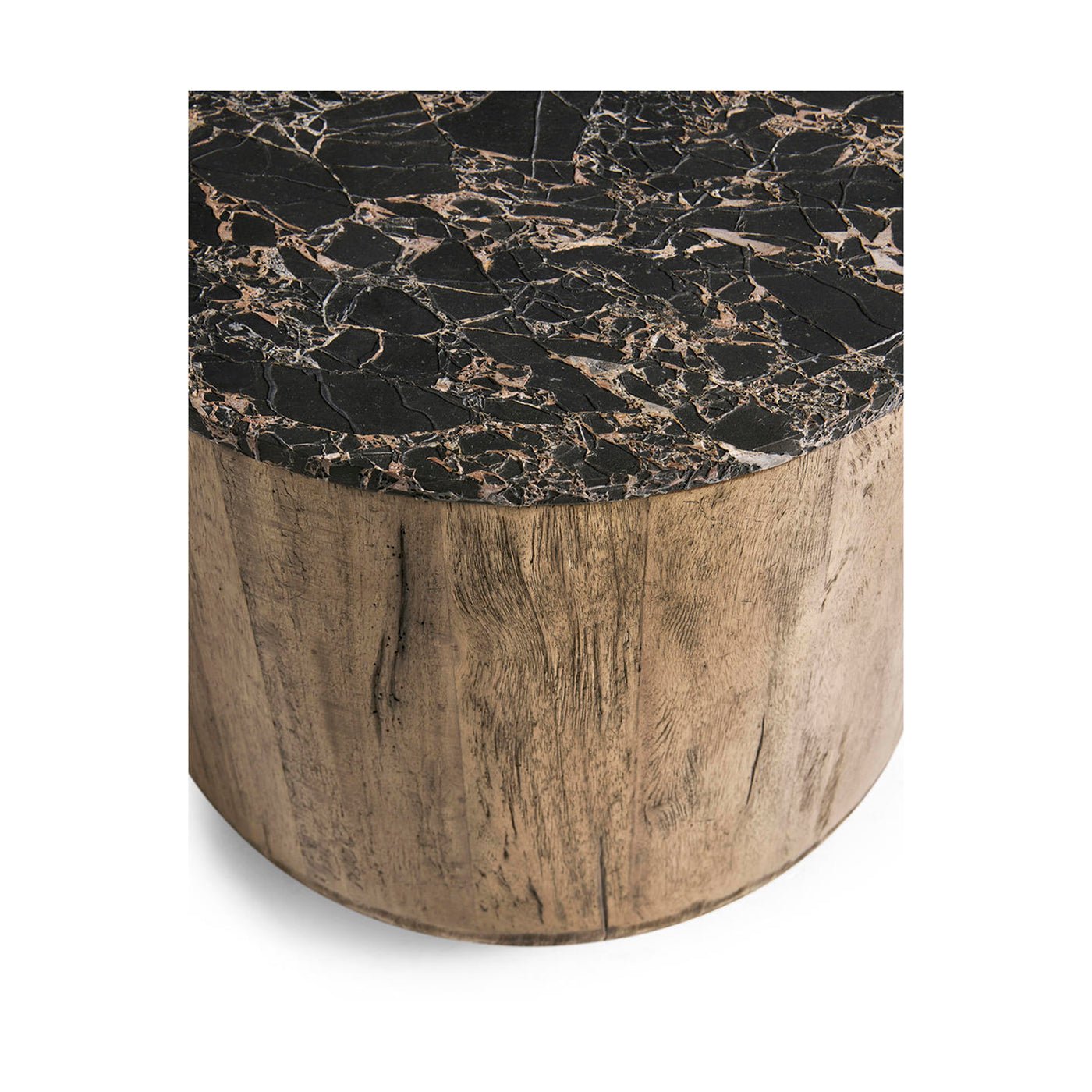 Angled view of stone top on wood accent table.