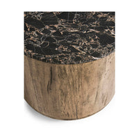 Angled view of stone top on wood accent table.