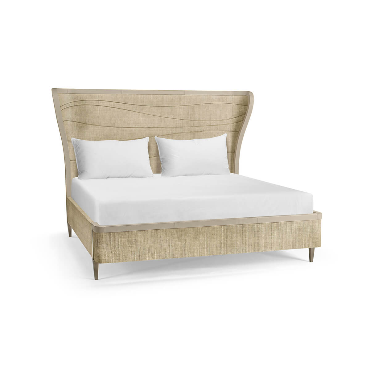 Angled view of organic modern woven king bed.