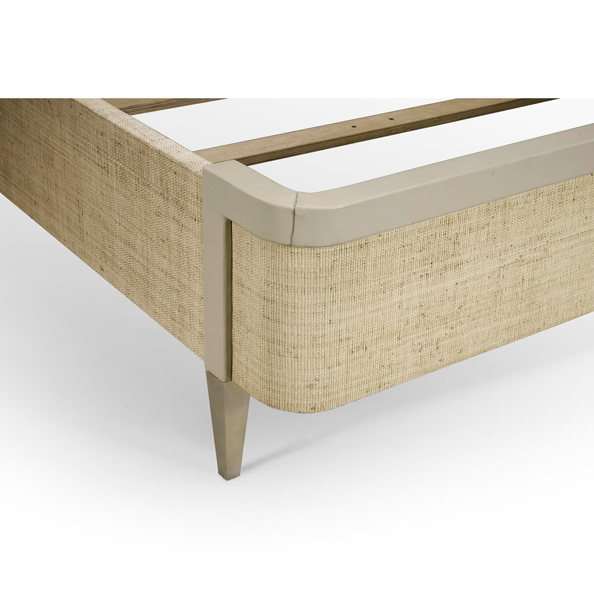 Corner detail of organic modern king bed frame.