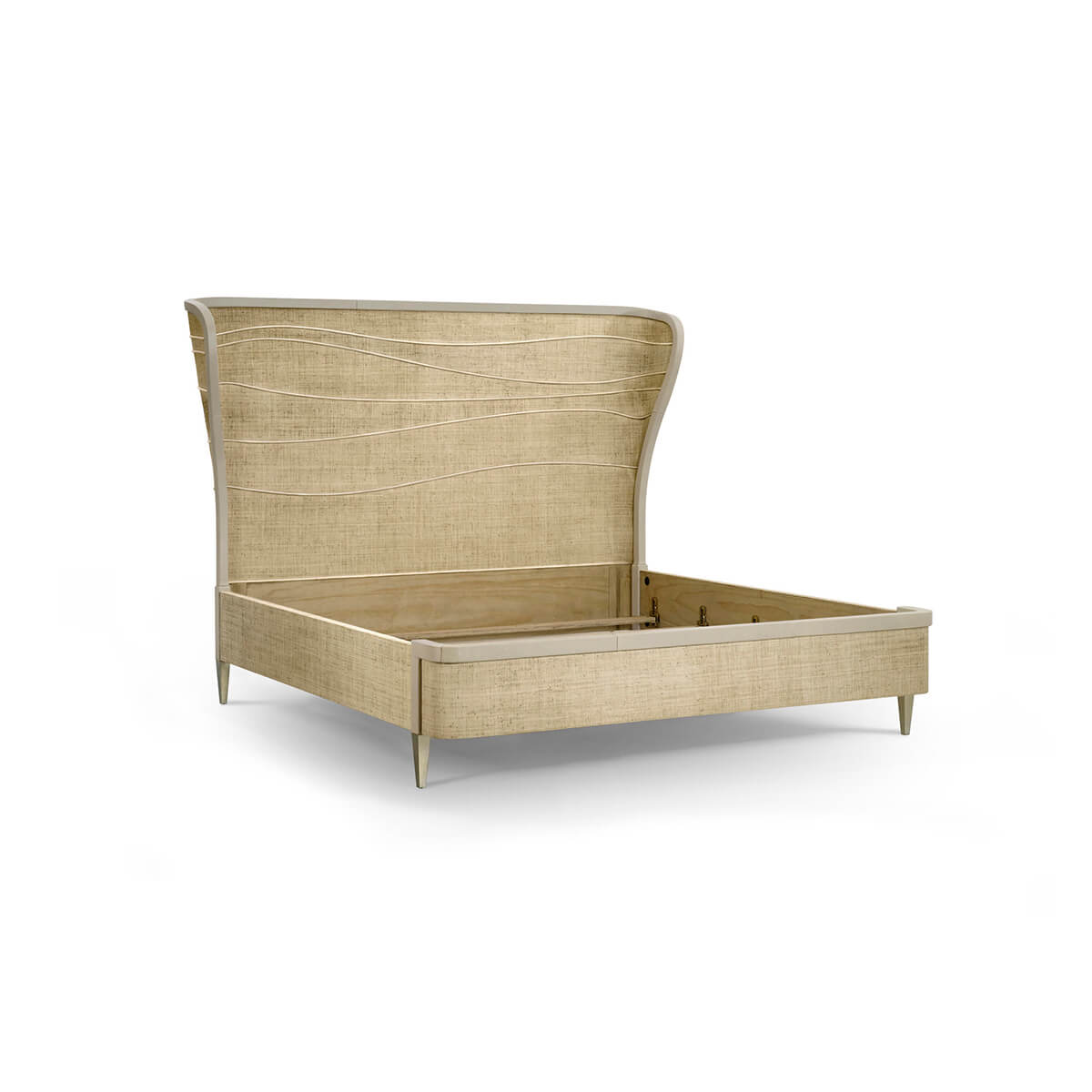 Organic modern woven king bed frame without mattress.
