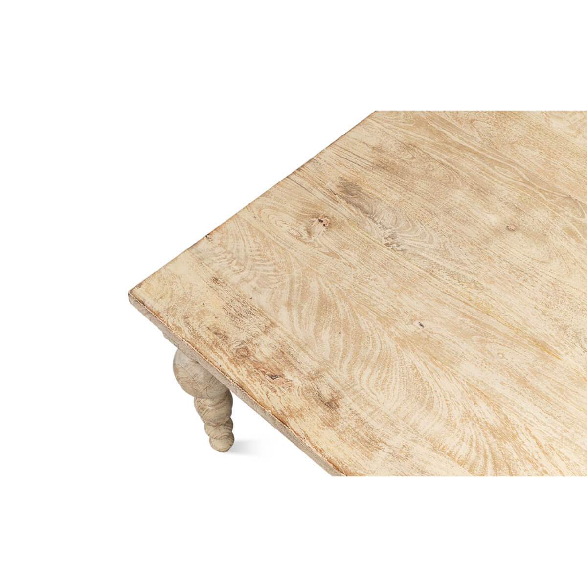 Detailed corner view of wooden coffee table surface texture.
