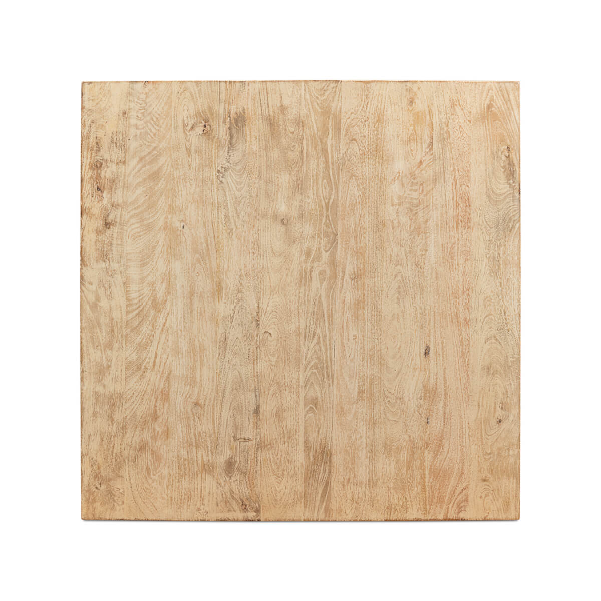 Top view of square, natural wood coffee table surface.