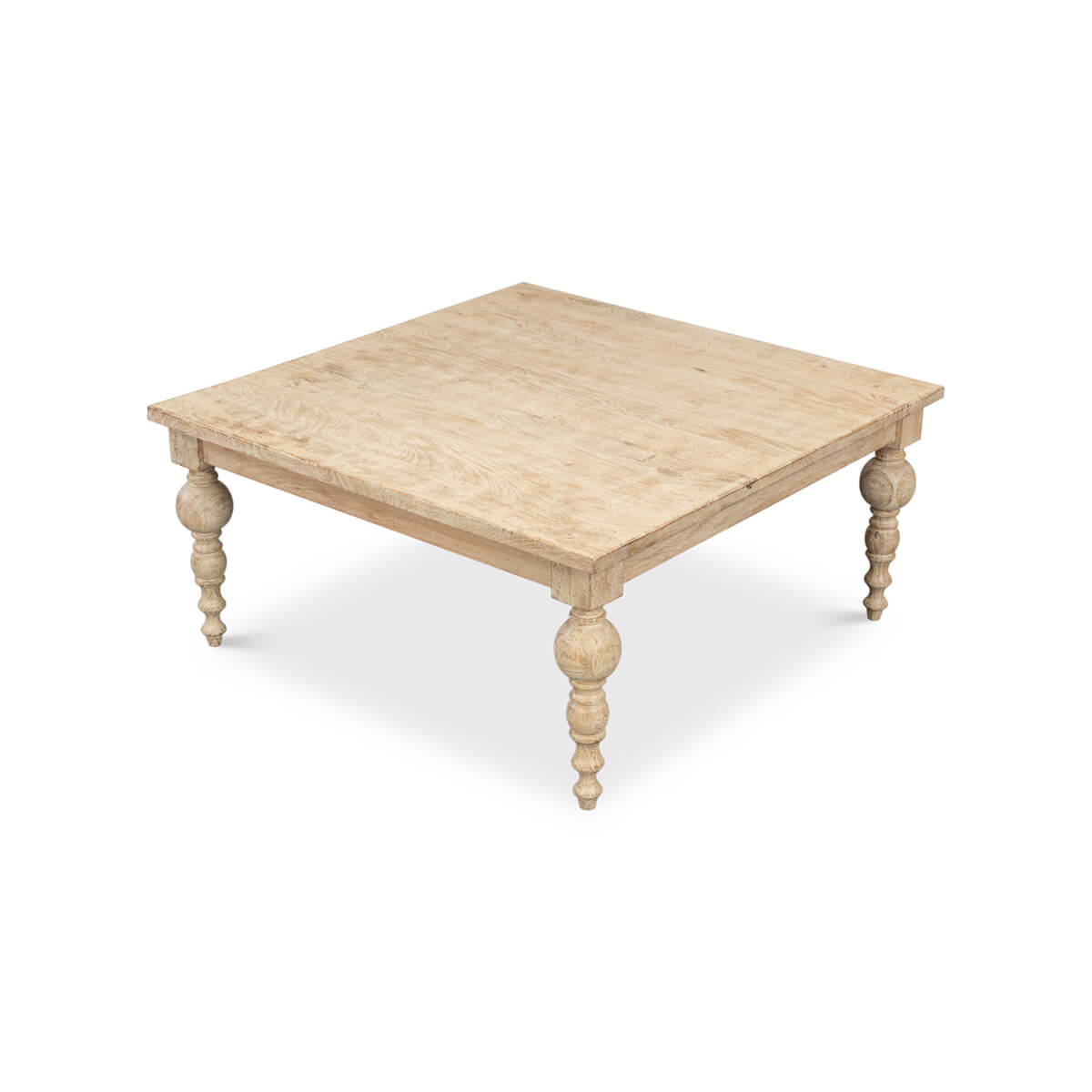 Angled view of wooden coffee table showcasing leg detail.