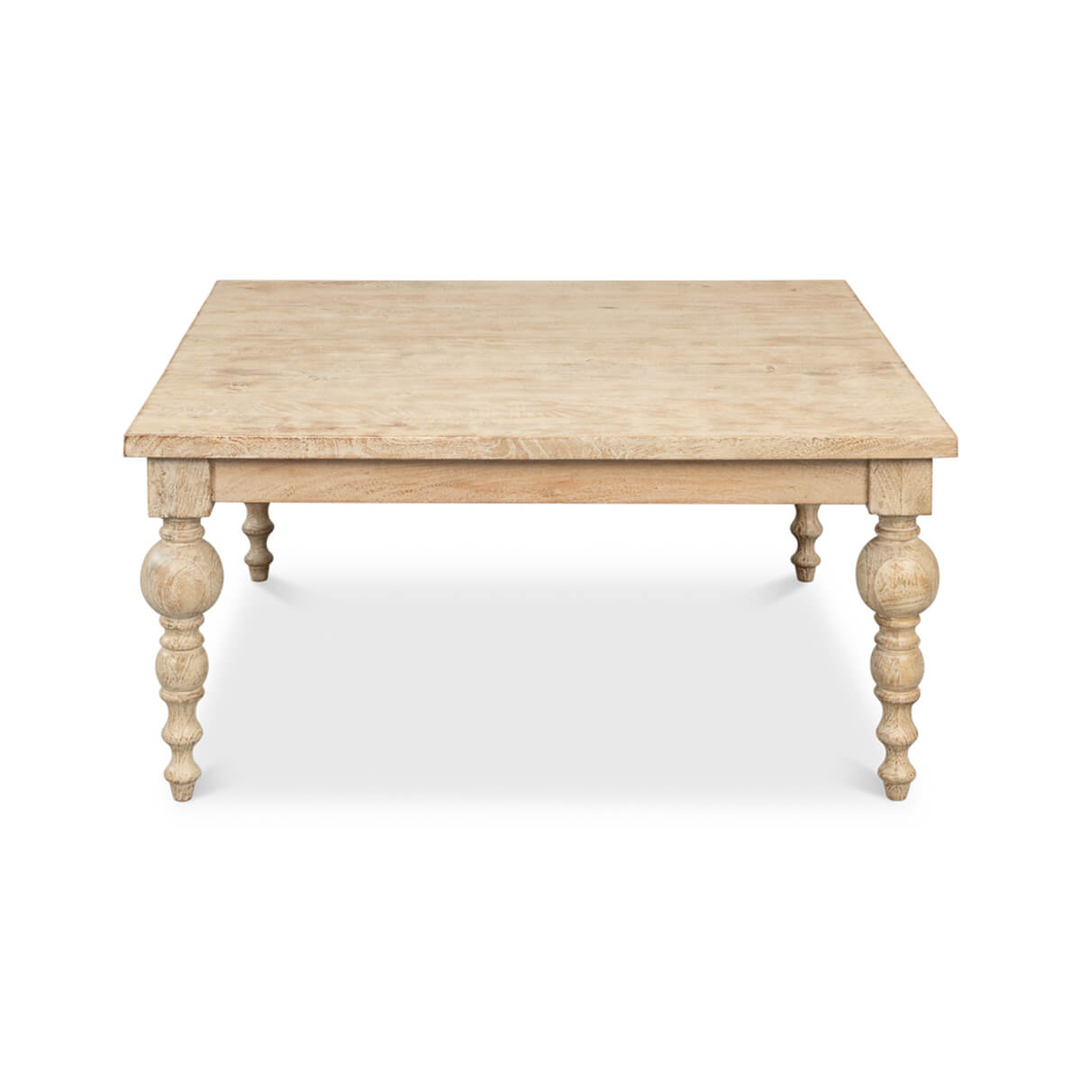 Front view of square wooden coffee table and legs.
