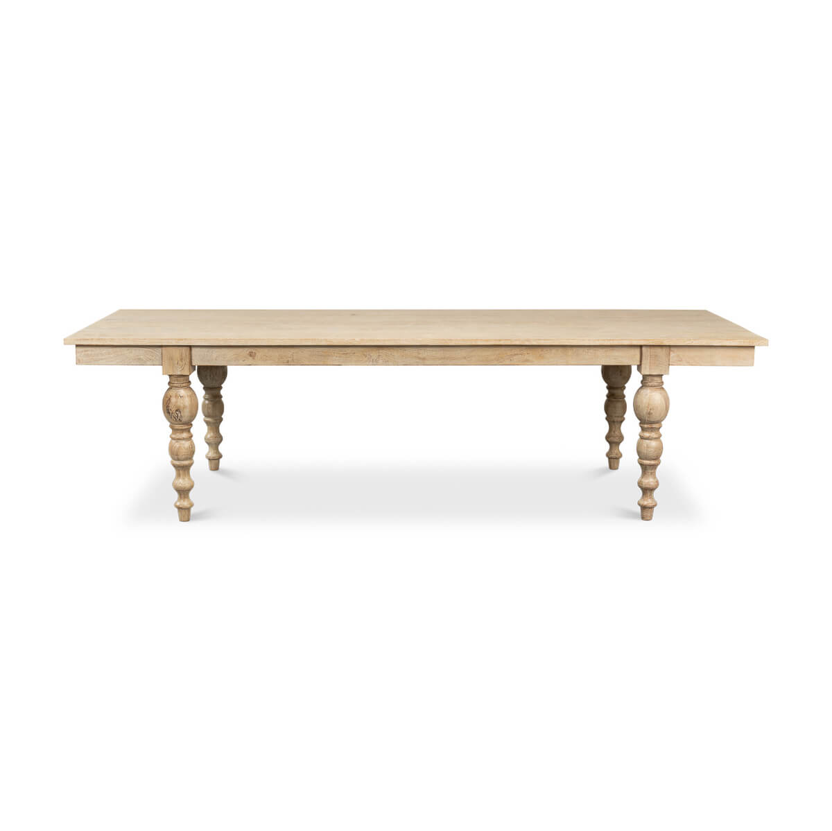 Front view of natural wood dining table.