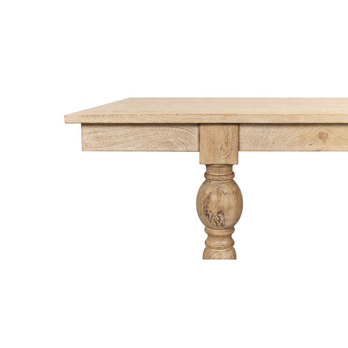 Close-up of dining table edge and leg detailing.