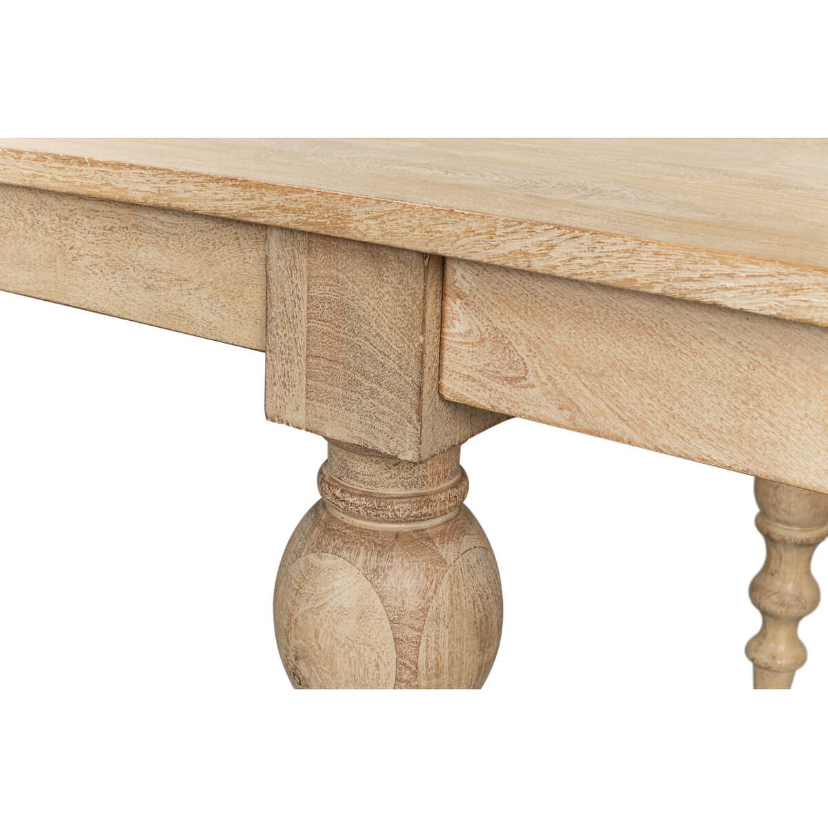 Detailed view of dining table leg design, natural finish.