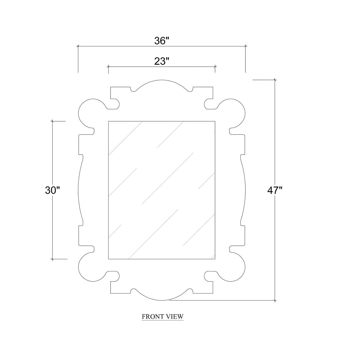 Diagram showing dimensions of the organic raffia mirror.