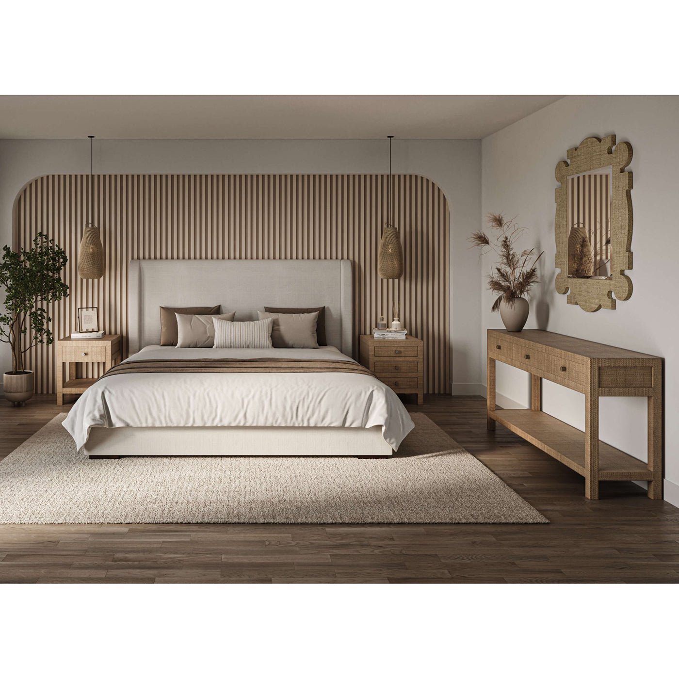 Bedroom setting featuring organic raffia mirror on wall.